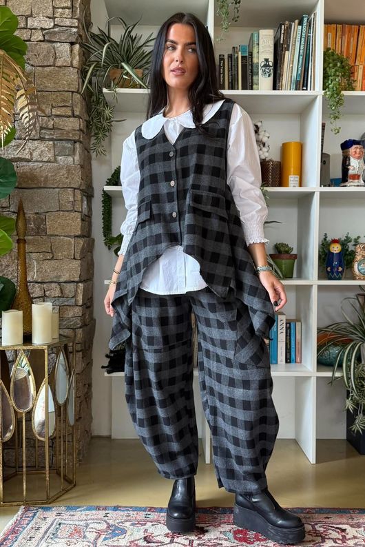 Nora Brushed Cotton Gingham Trapeze Waistcoat Black